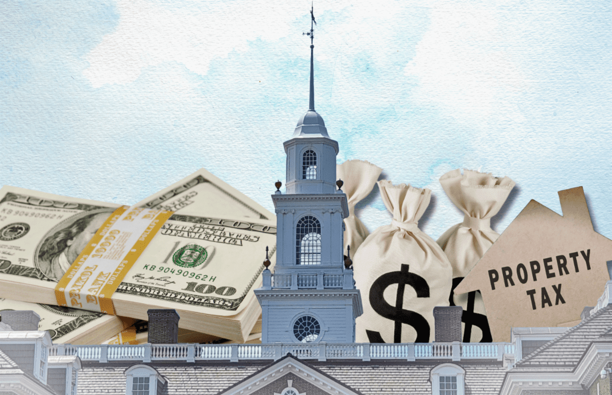 Legislative Hall in the forefront with stacks of money in the back left and a sign stating property taxes in the back right