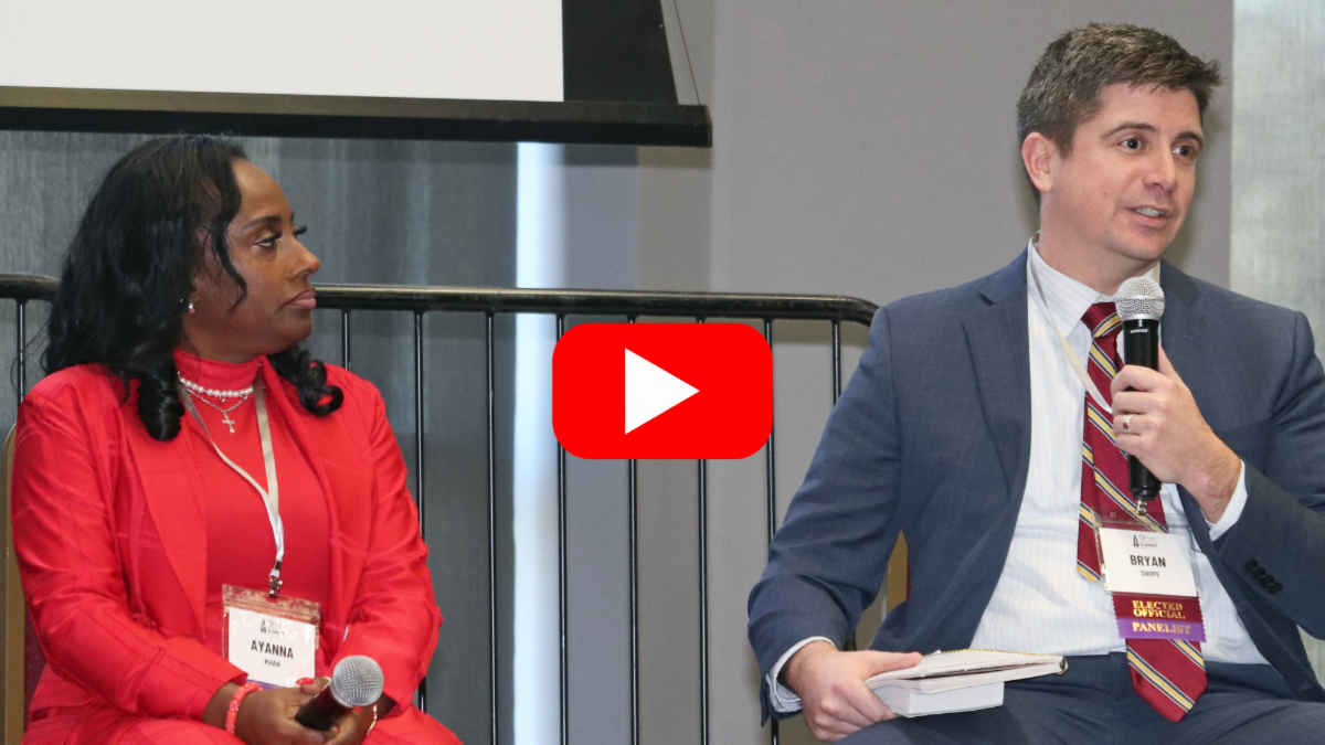 Rep. Bryan Shupe sitting to the left of Ayanna Khan from the Delaware Black Chamber of Commerce at the Spotlight Delaware panel for Delaware's Innovation Economy.