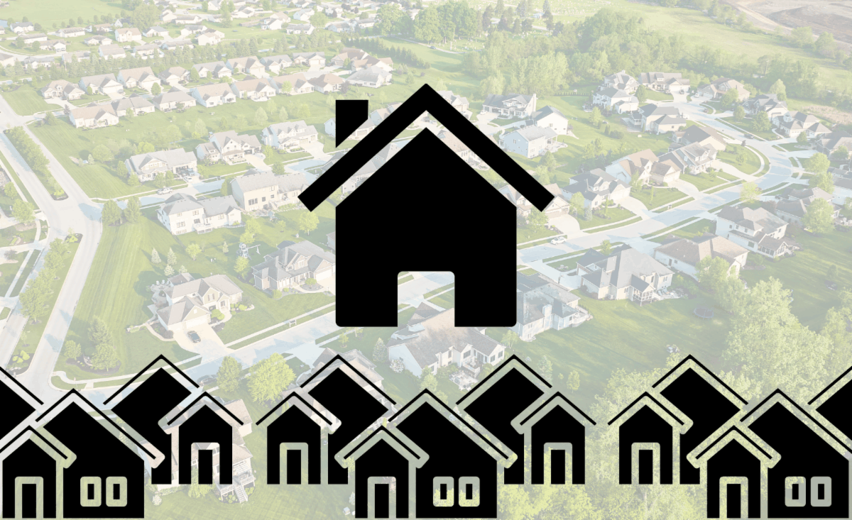 Black housing icons of various sizes over a background of an ariel view of a development representing affordable housing.